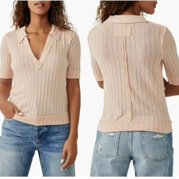 We The Free Peach Krystal Ribbed Elbow Sleeve Collared Polo Shirt XL NWT - Picture 1 of 8